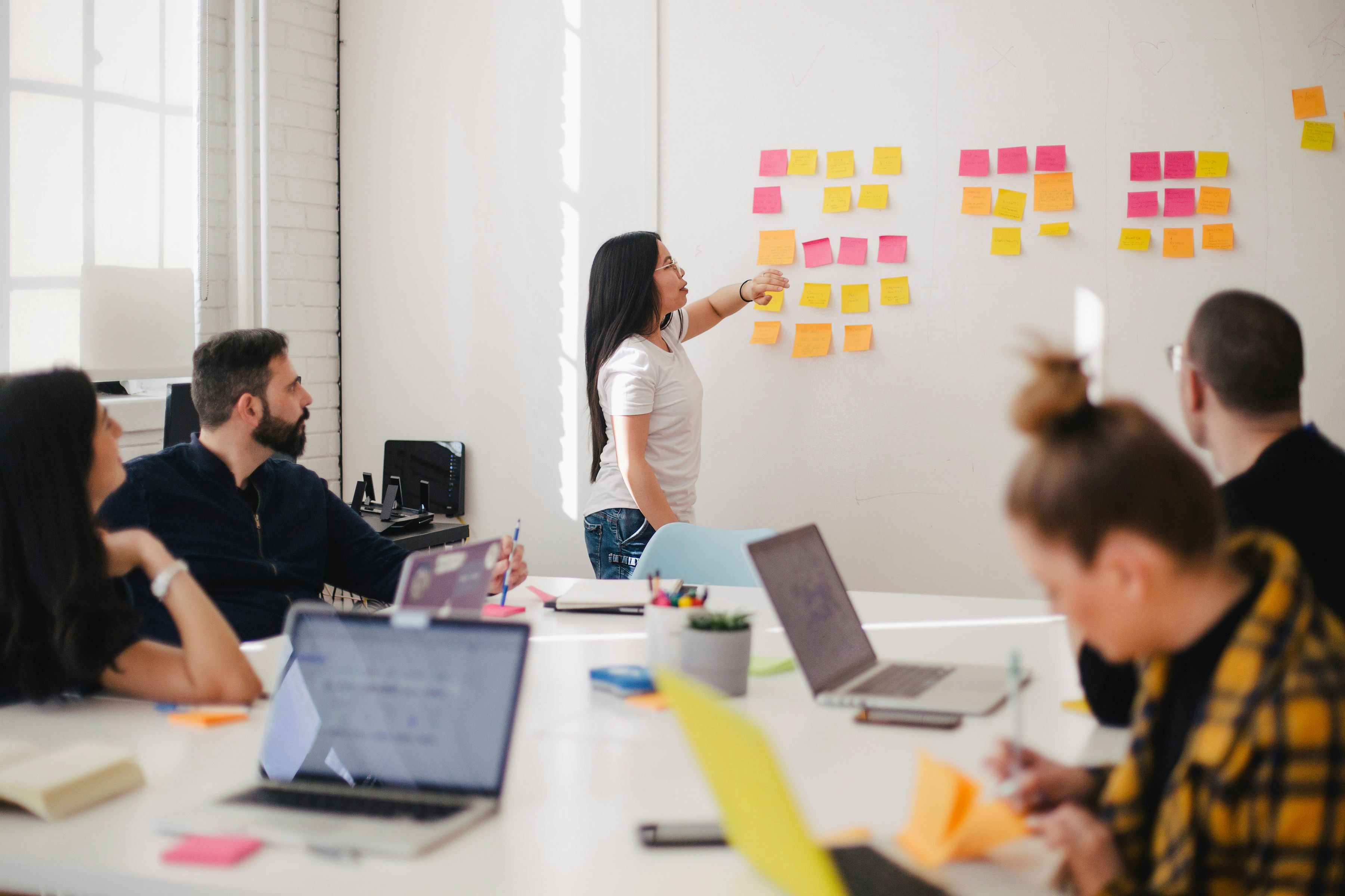 Meeting mit Sticky Notes an einem Whiteboard