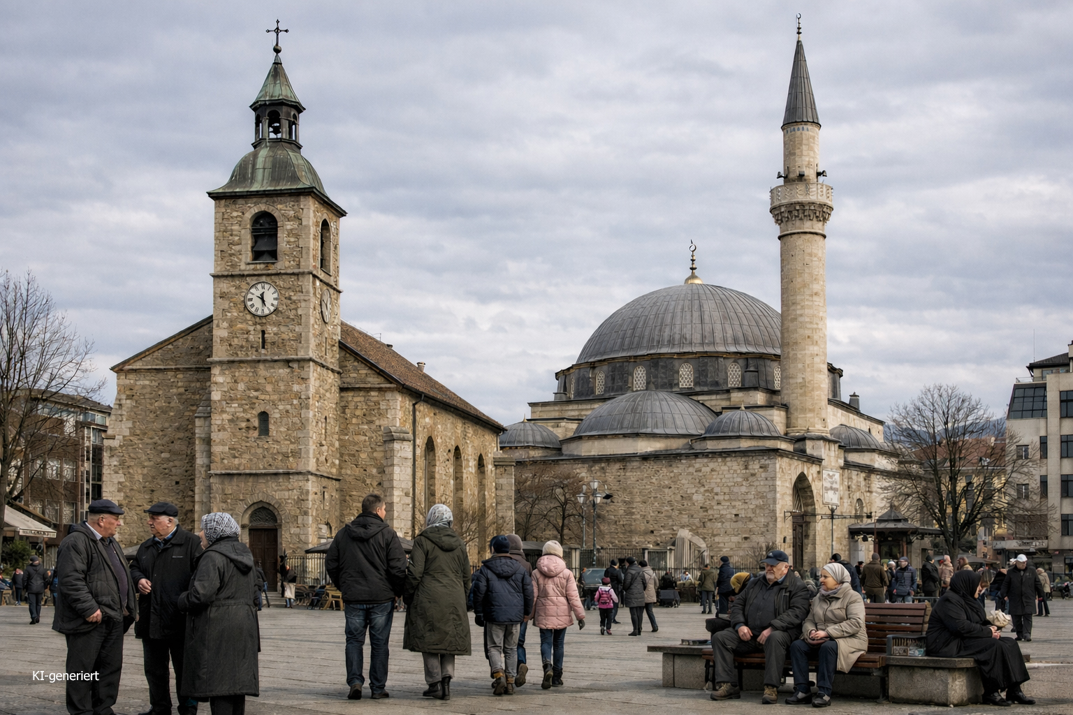 Ein KI-generiertes Bild, das eine christliche Kirche und eine Moschee und davor Menschen zeigt.